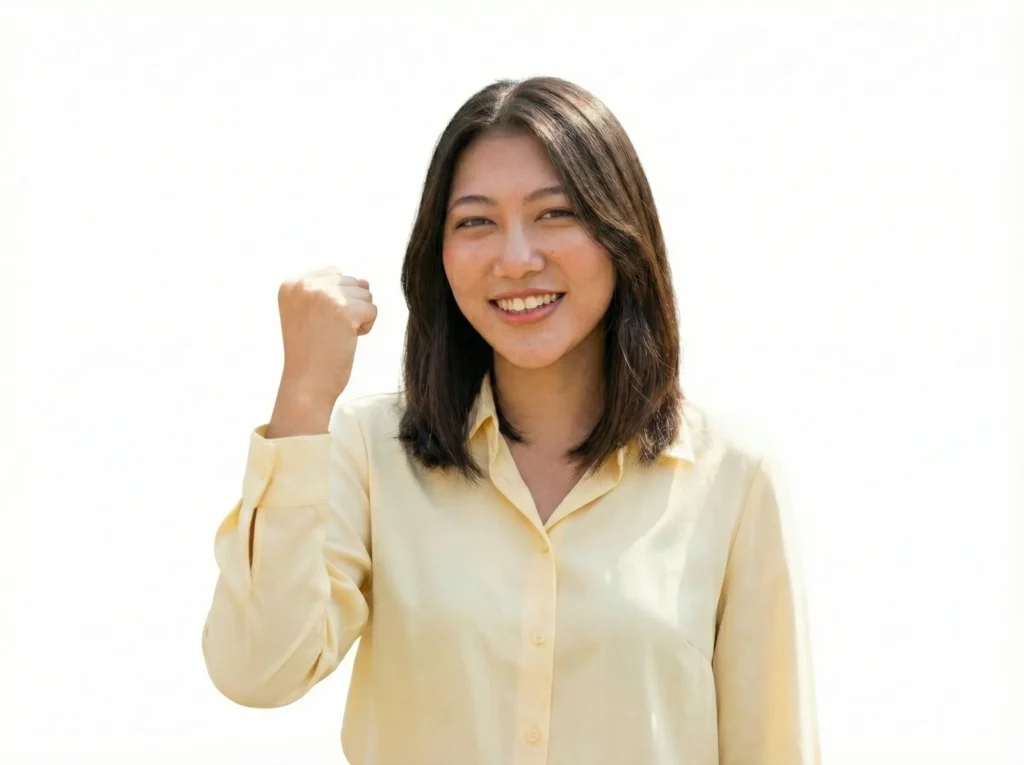 ガッツポーズをする女性